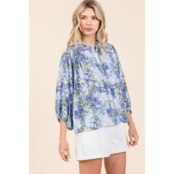 Mittoshop Flower Print Batwing Sleeves Button Down Relaxed Fit Blouse | Blue - Picture 5 of 7